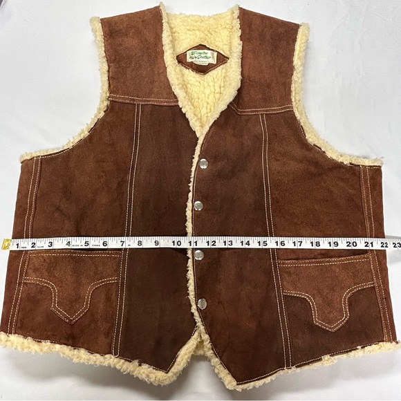 Vintage Genuine Suede Leather Faux Sherpa Vest Snaps Pockets Brown Unisex Large - Picture 12 of 16
